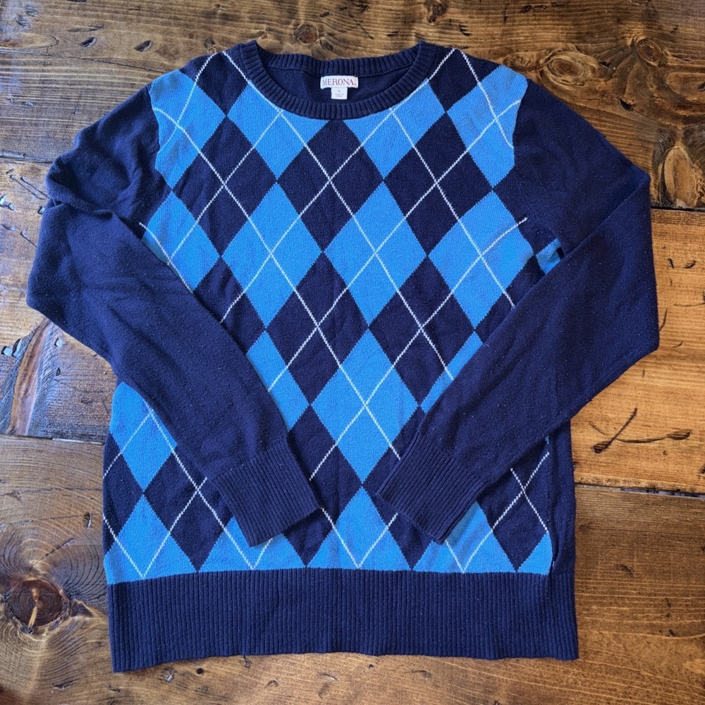 Fall '26 Trend Cotton Blend Argyle Preppy Pullover Sweater Women's Size L Navy